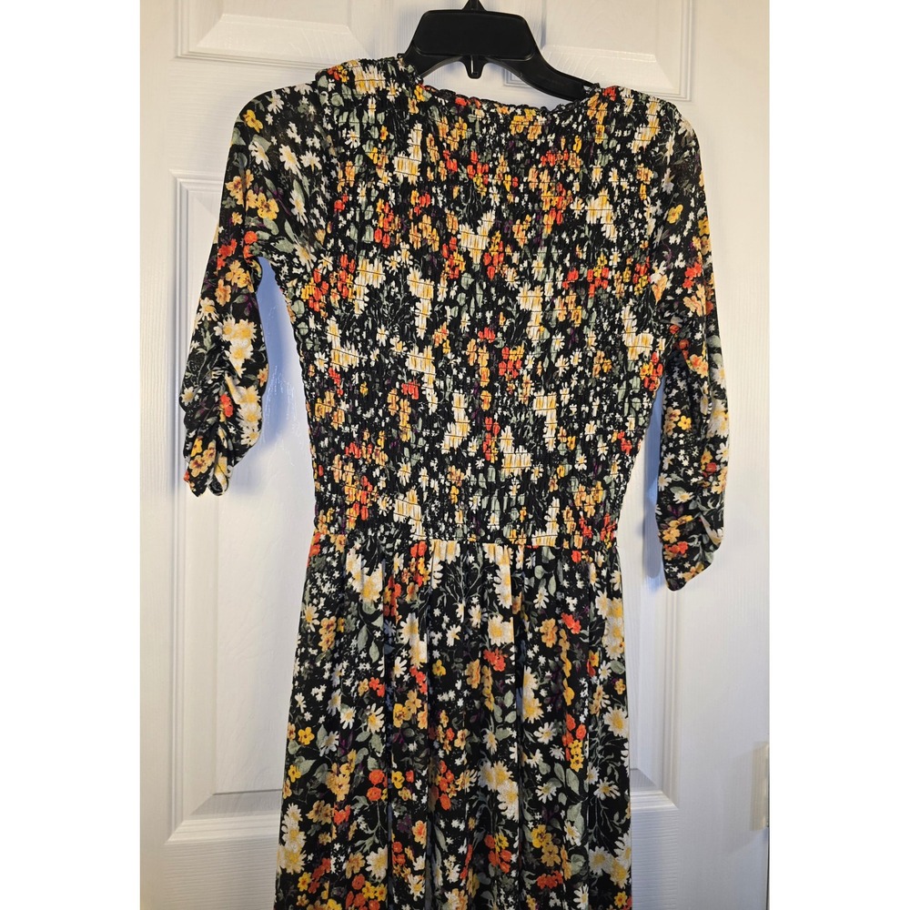 Maeve Anthropologie Floral Smocked Maxi Dress Black V-Neck‎ 3/4 Sleeve XS - Picture 3 of 16